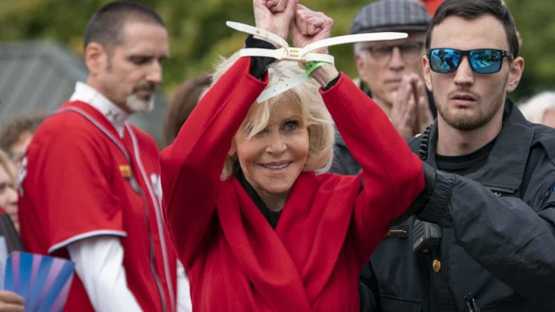 Jane Fonda accepts Bafta award during arrest at climate protest