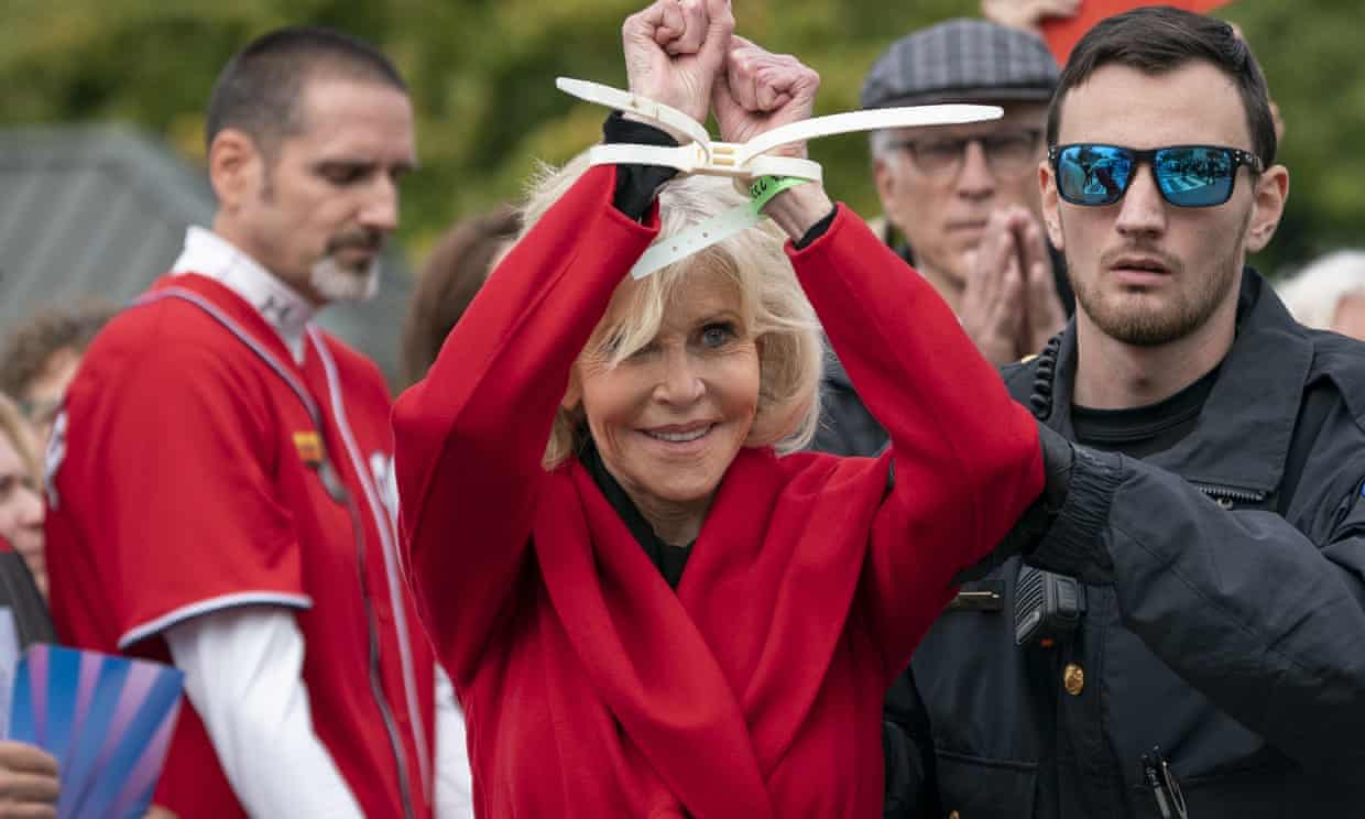 Jane Fonda accepts Bafta award during arrest at climate protest